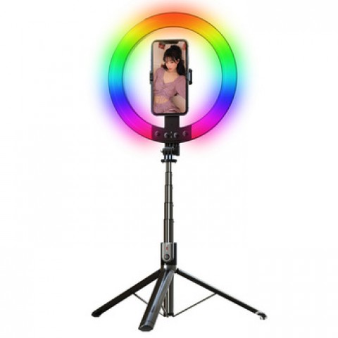 Lazda asmenukei (selfie stick) - trikojis stovas su RGB LED lempa ir nuimamu Bluetooth mygtuku P100-RGB